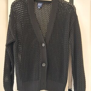 GAP Black Open-Weave V-Neck Button Cardigan